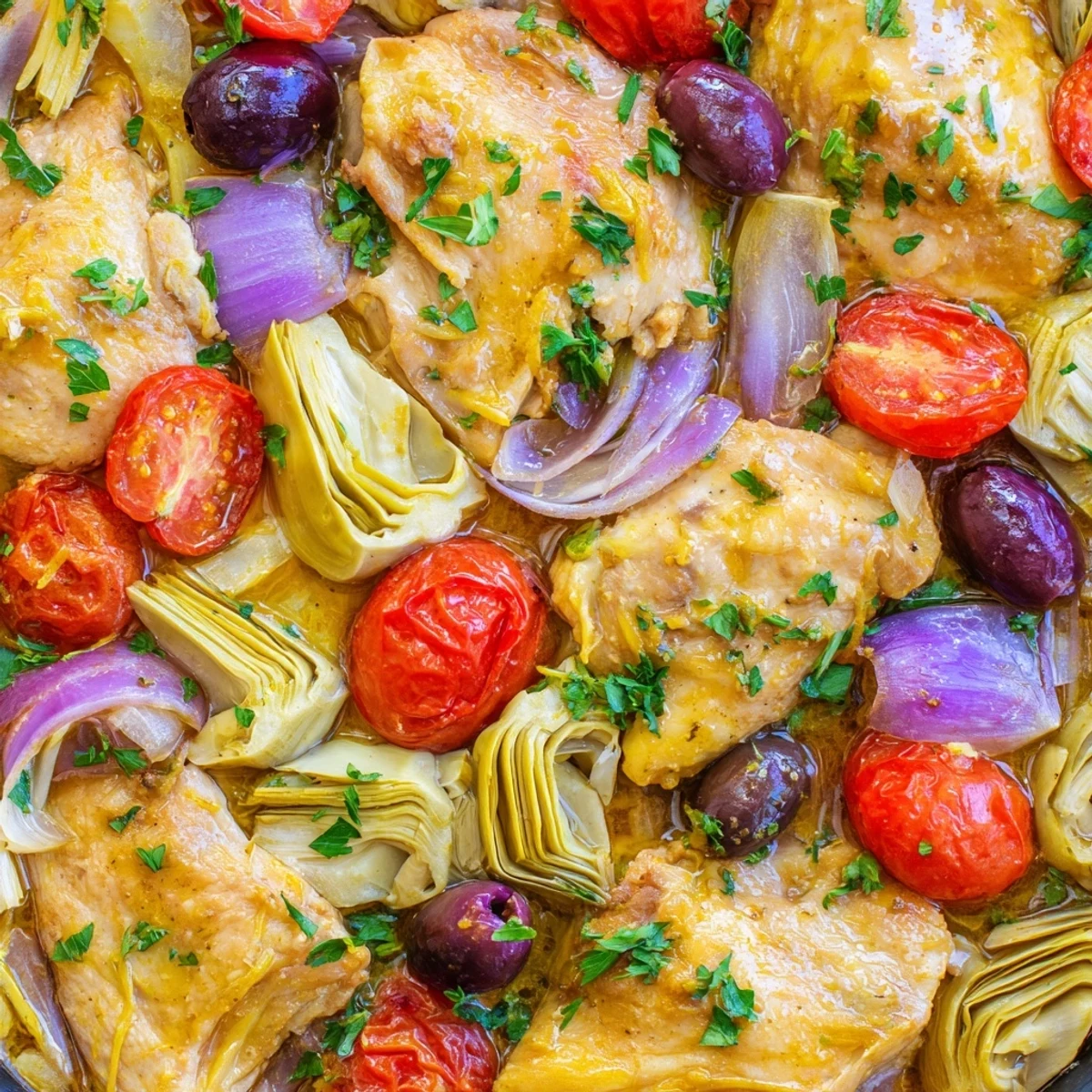 Juicy Mediterranean Lemon Chicken topped with green and Kalamata olives, artichokes, and cherry tomatoes, ready to serve.