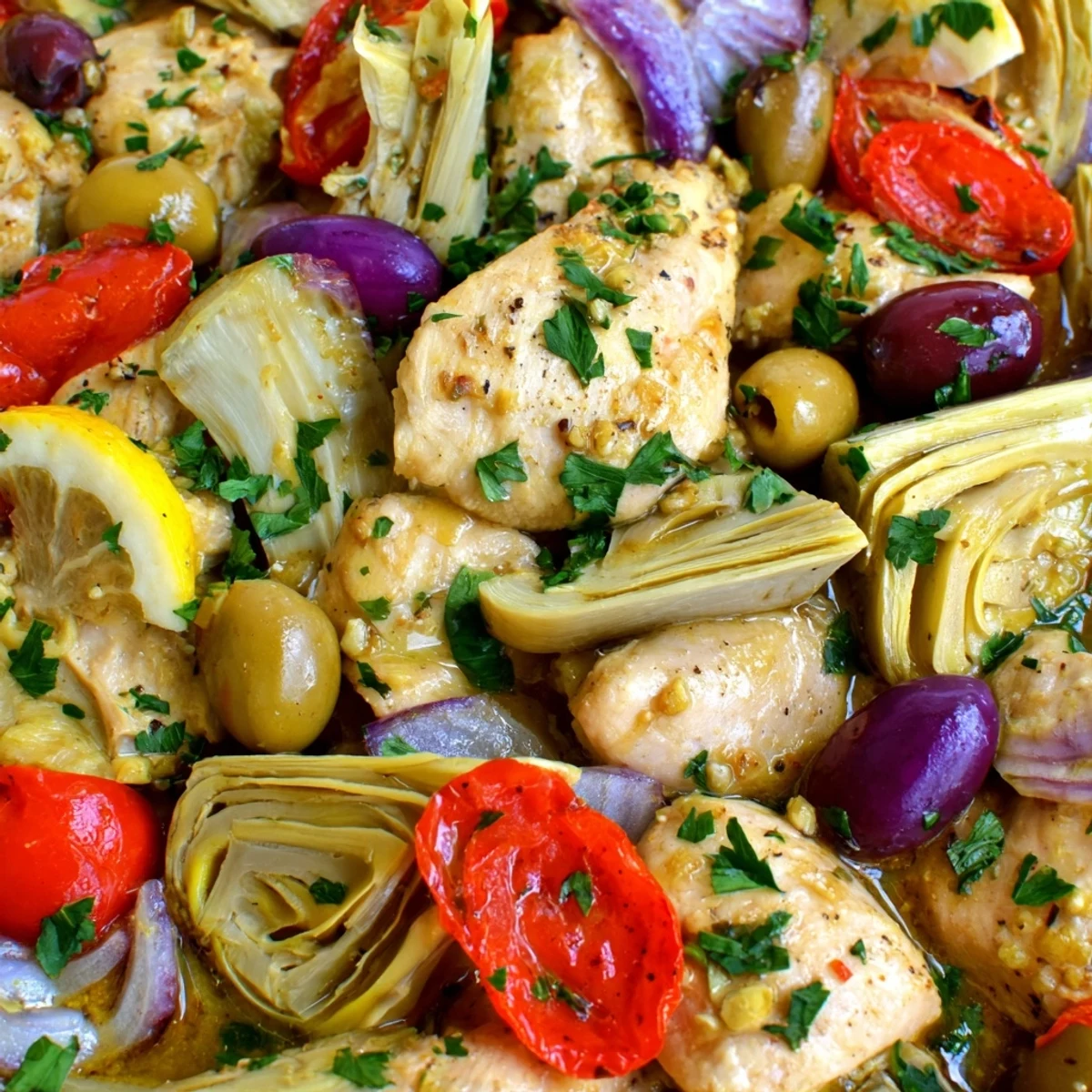 A close-up of Mediterranean Lemon Chicken in a skillet, featuring tender chicken breasts in a zesty lemon and olive sauce.
