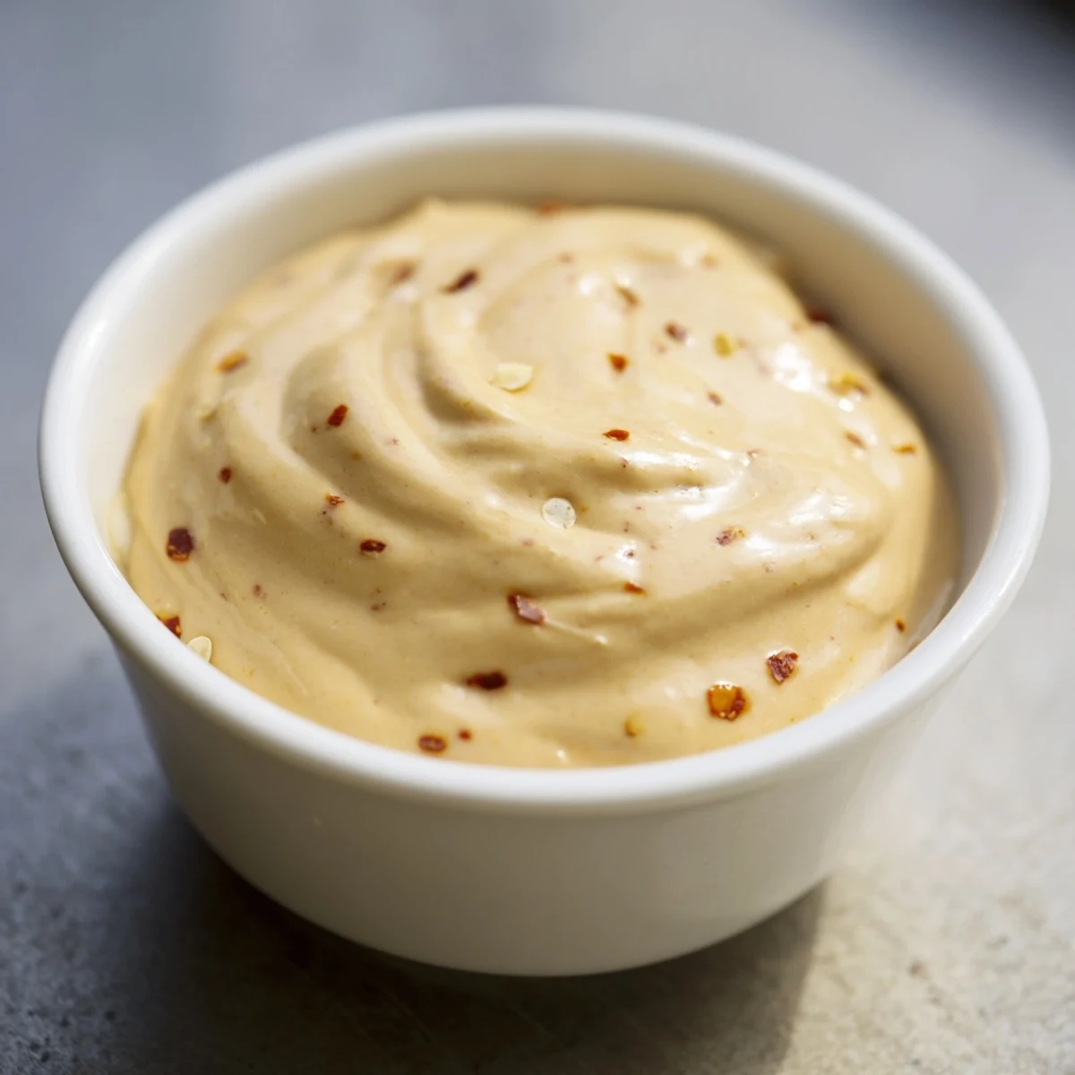 The spicy aioli sits in a rustic white bowl, its creamy pale base flecked with minced garlic and smoked paprika, perfect for dipping fries.