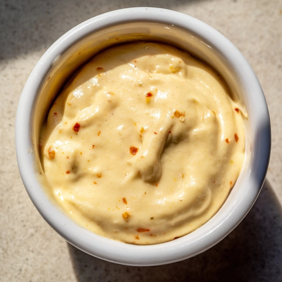A close-up shows the thick, garlicky spicy aioli being drizzled from a spoon onto a grilled steak, highlighting its fiery kick and smooth texture.