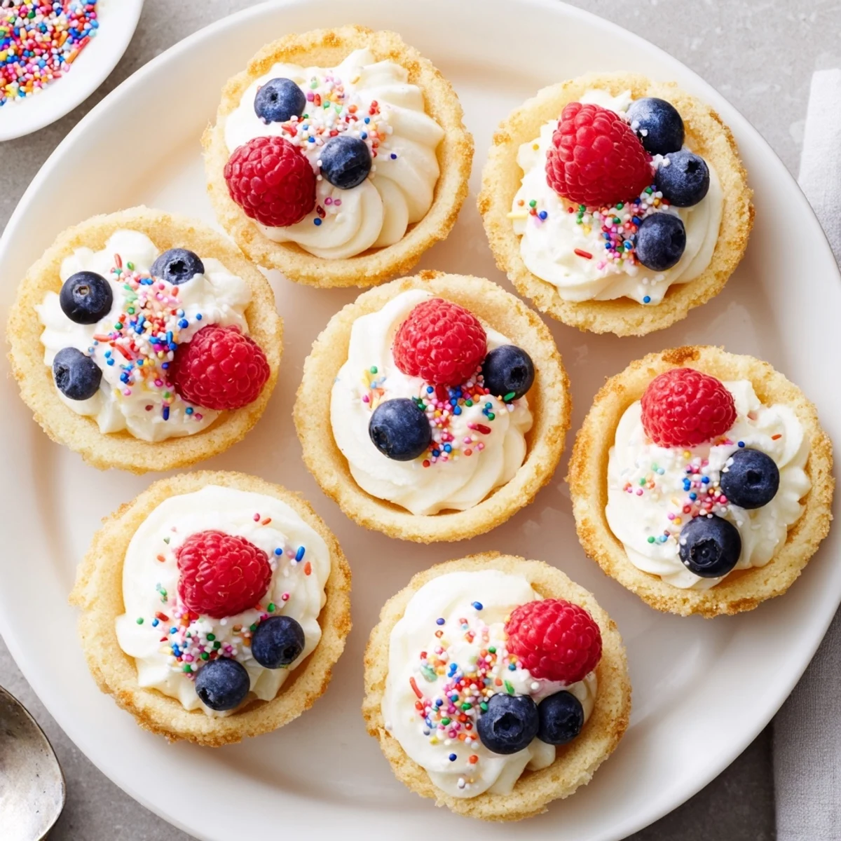 Sugar Cookie Cups filled with fluffy vanilla cream and topped with fresh raspberries and blueberries.