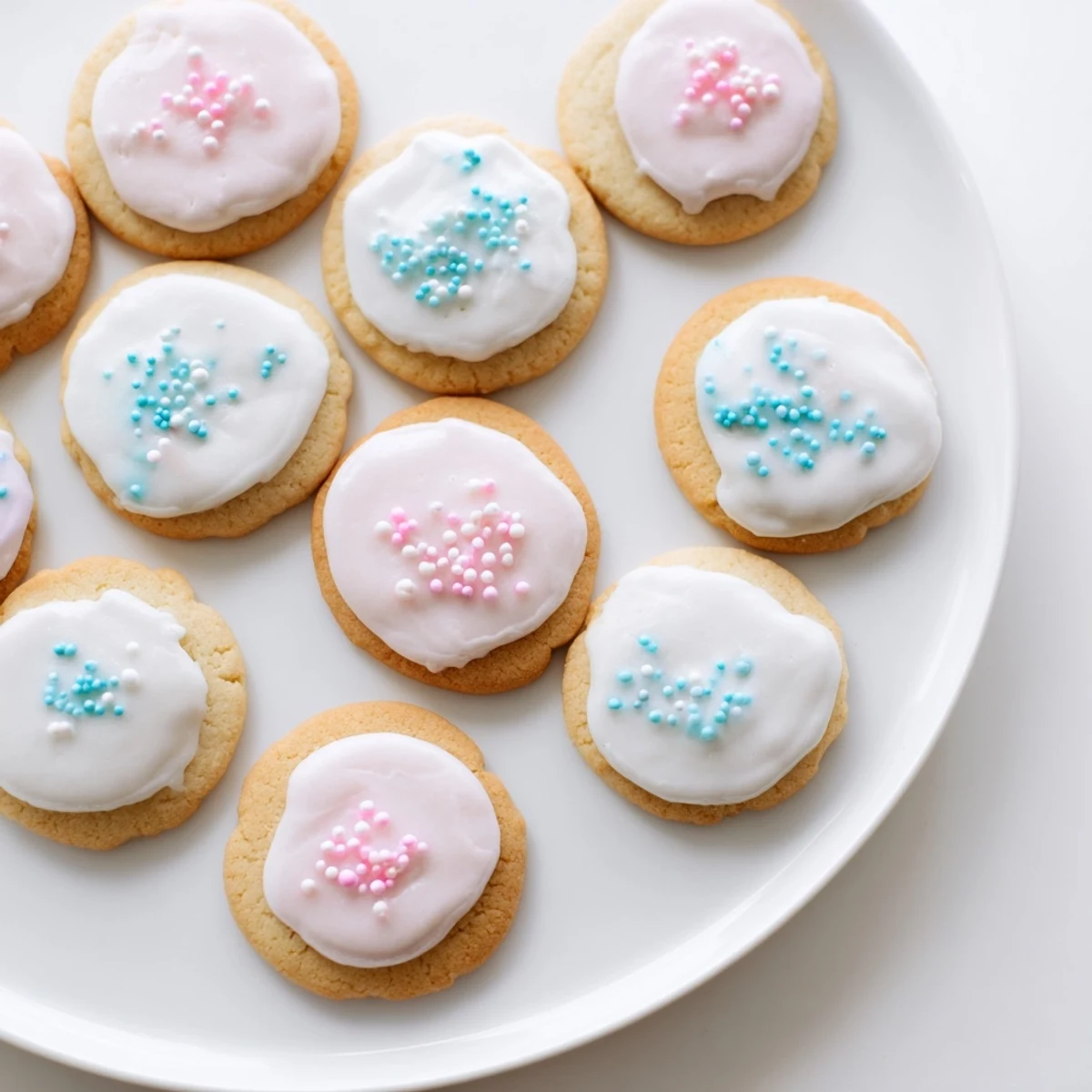 Sugar Cookie Icing drizzled over freshly baked cookies, with vibrant sprinkles adding a sweet finishing touch.