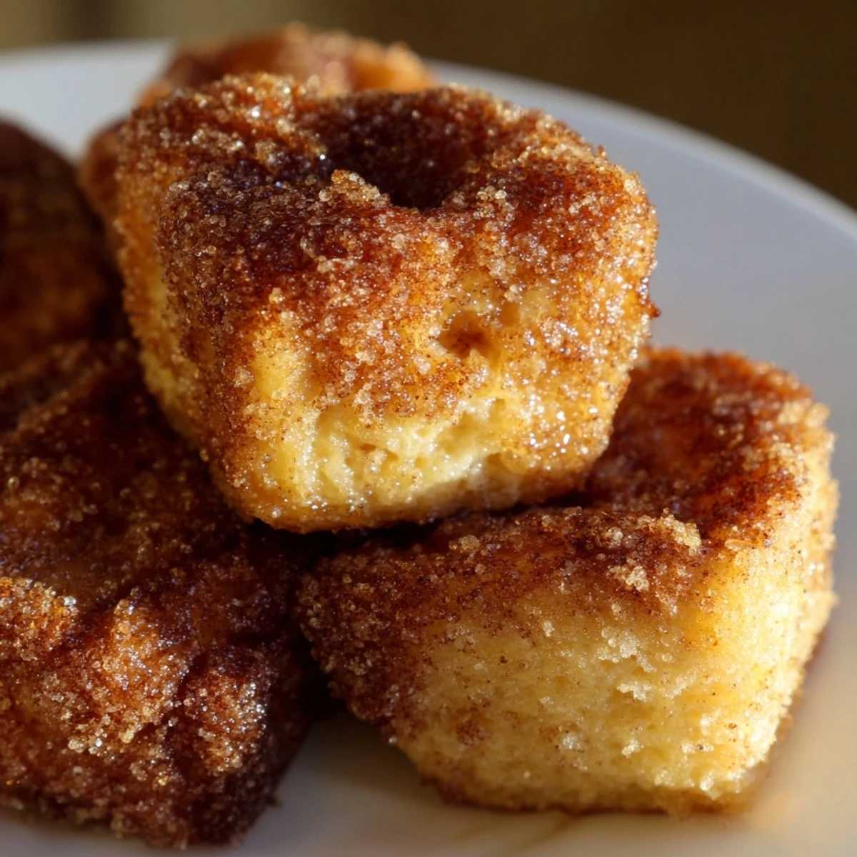 Golden brown Cinnamon Sugar French Toast Muffins brushed with butter and rolled in sweet cinnamon sugar.