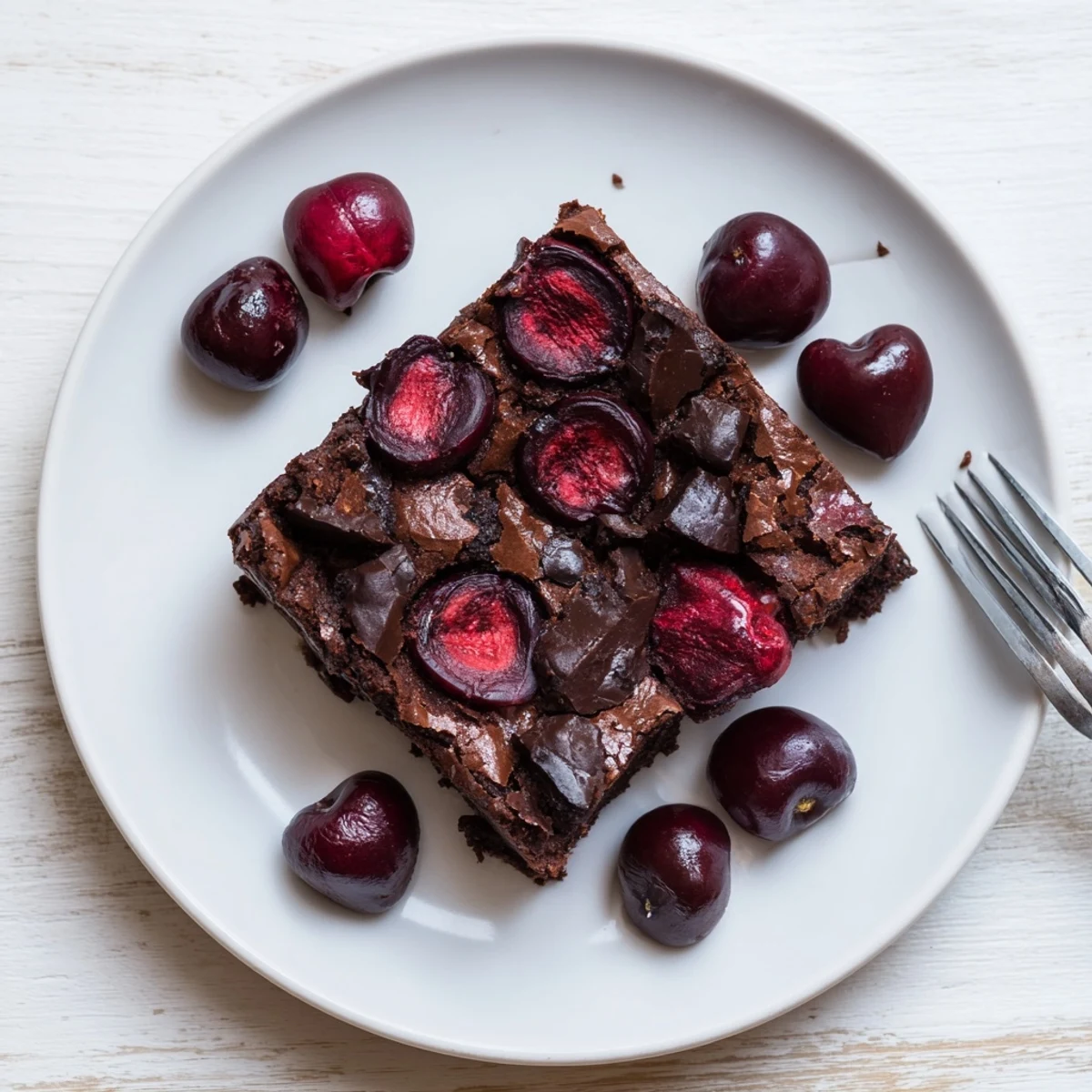 A close-up of Roasted Cherry Brownies with rich, fudgy chocolate and glistening roasted cherries on top.