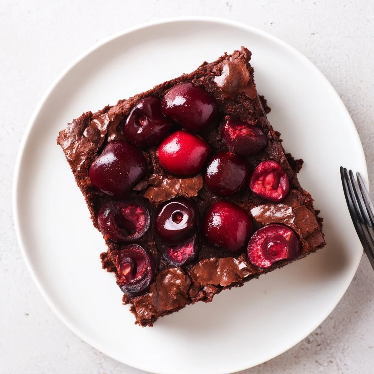 A slice of Roasted Cherry Brownies on a plate next to a scoop of vanilla ice cream.