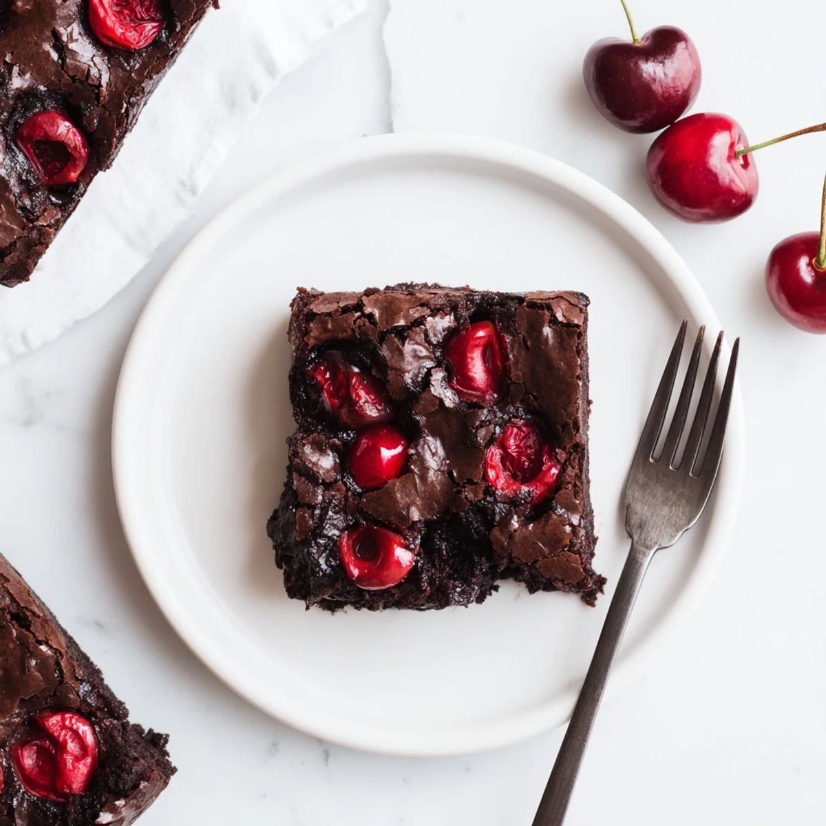 A batch of Roasted Cherry Brownies cut into squares, showing juicy, caramelized cherries inside the fudge.
