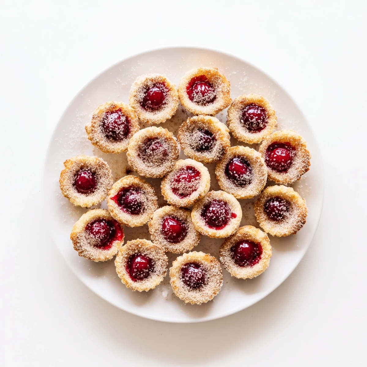 Freshly baked Quick Cherry Pie Bites in a mini muffin tin, cinnamon-sugar topping glistening.