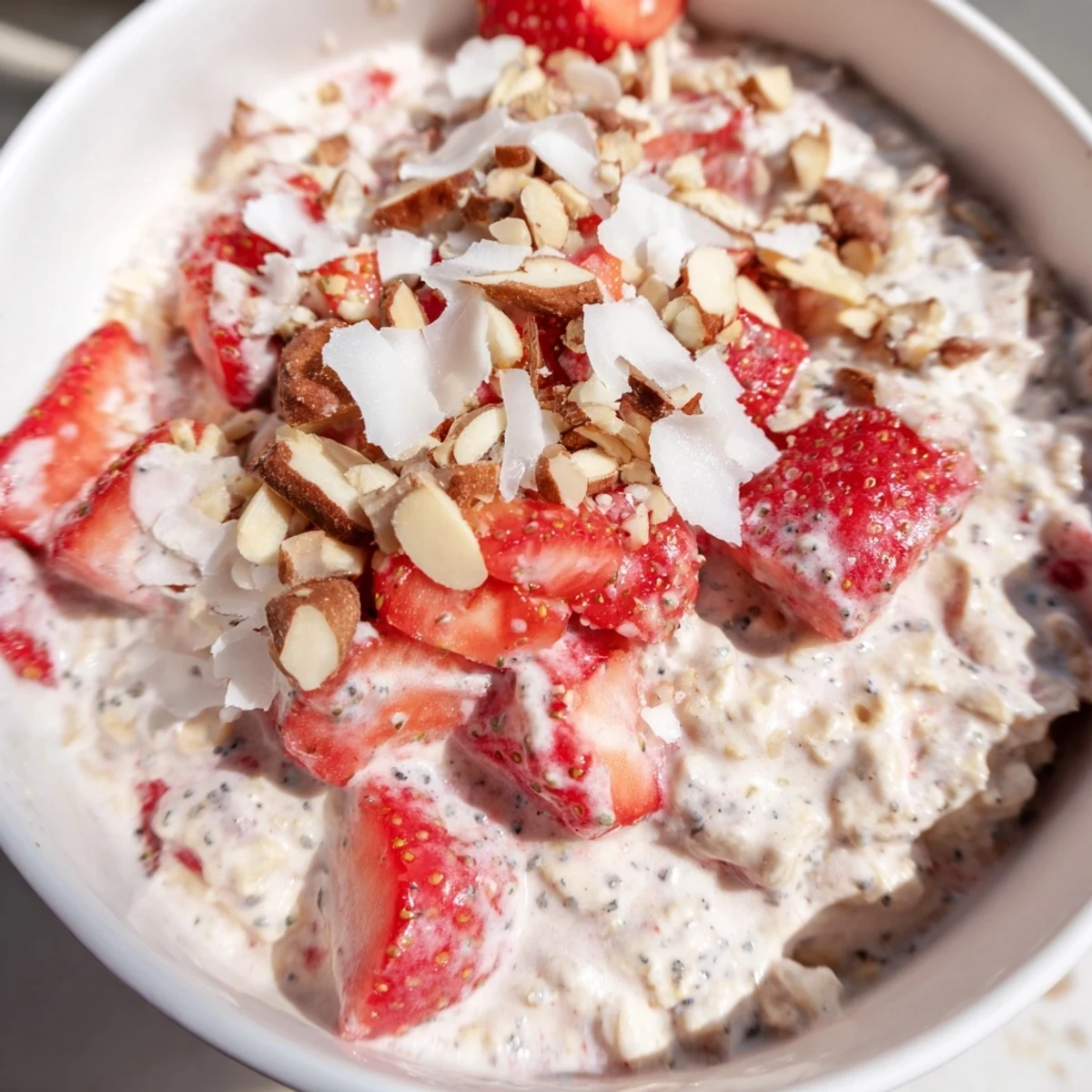 A jar of Strawberry Overnight Oats topped with fresh sliced strawberries and almonds.