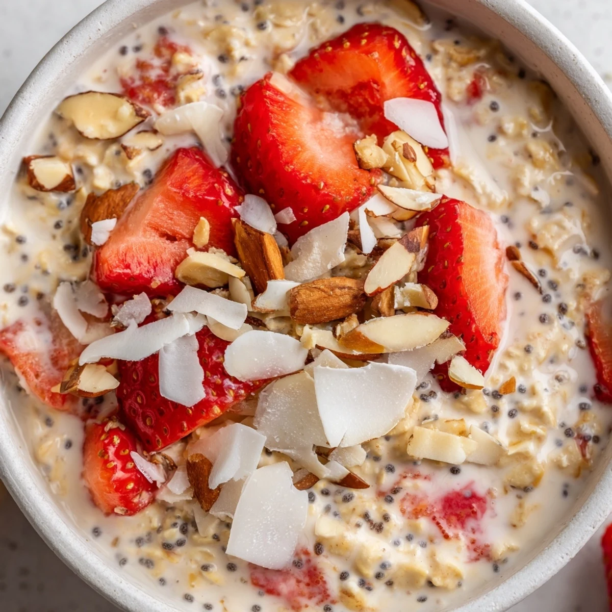 Visually impaired users can imagine creamy Strawberry Overnight Oats in a jar with fresh strawberries and honey.