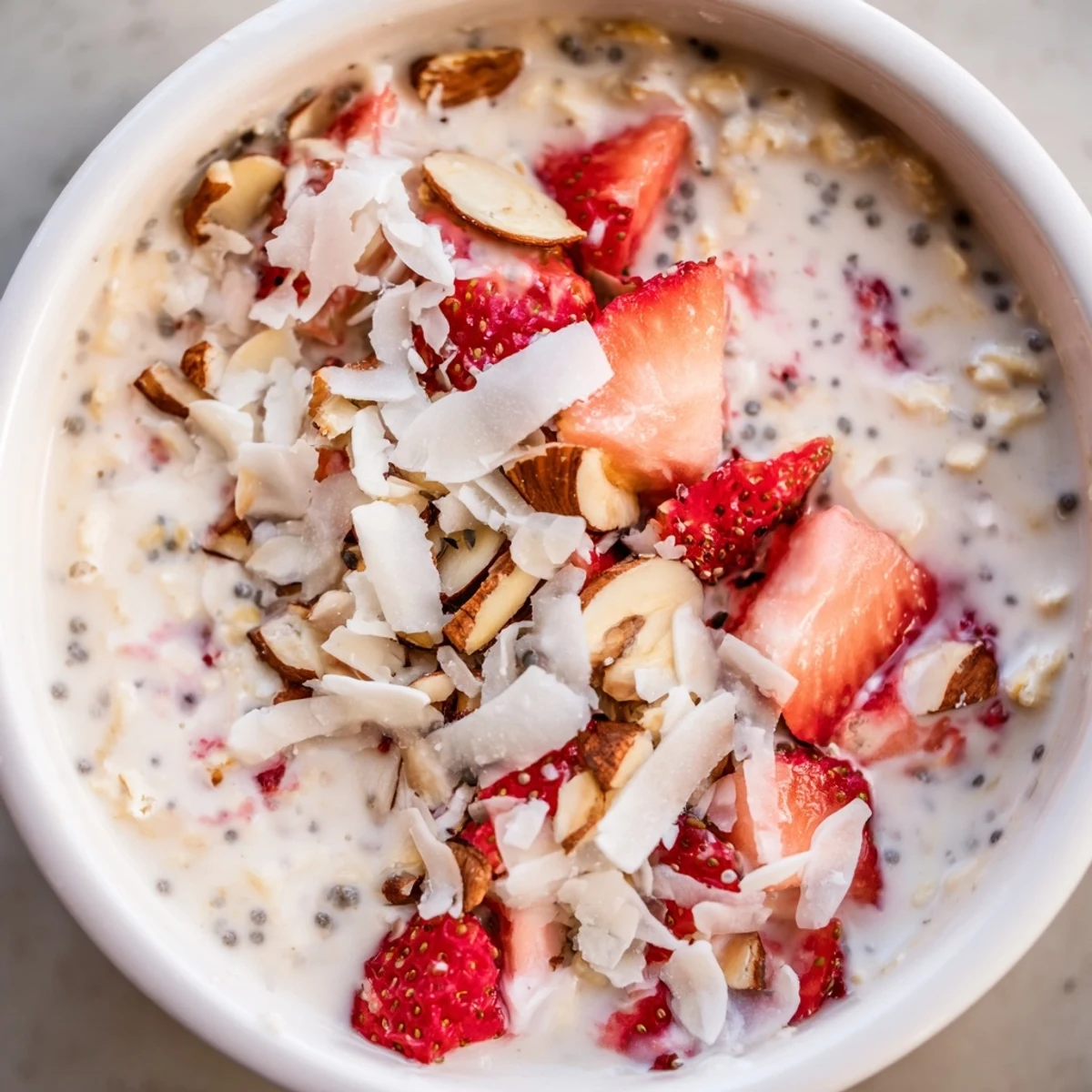 Spoon ready Strawberry Overnight Oats with chia seeds, creamy texture, and fresh strawberry topping for breakfast.