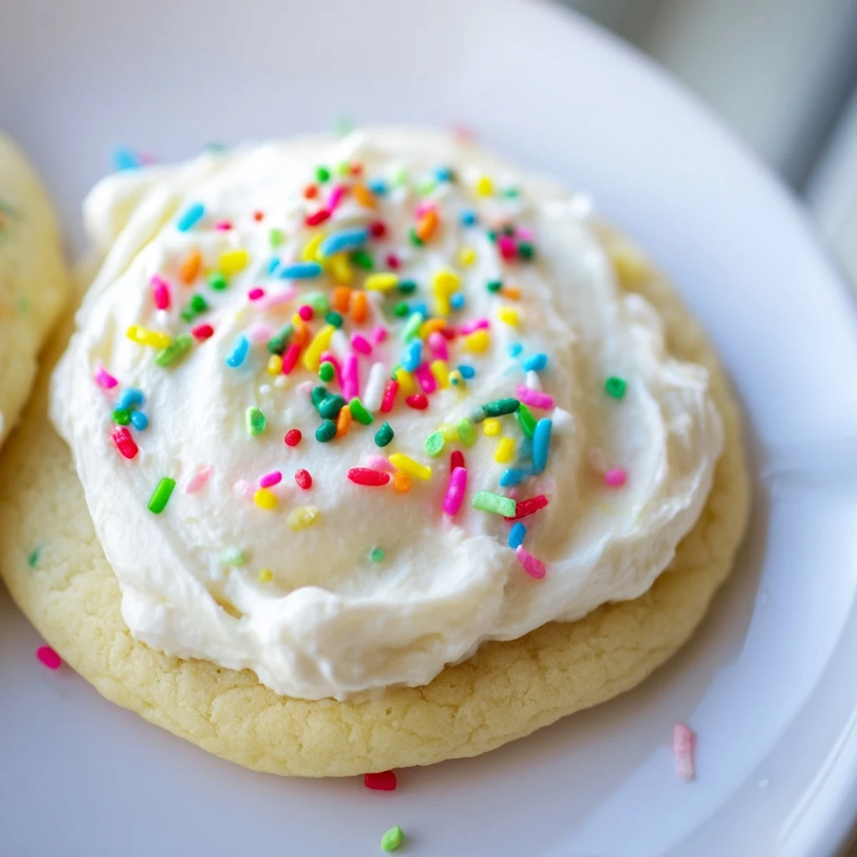 Soft Sour Cream Sugar Cookies With Cream Cheese Frosting stacked on a white plate, with visible creamy frosting and colorful sprinkles for a festive look.