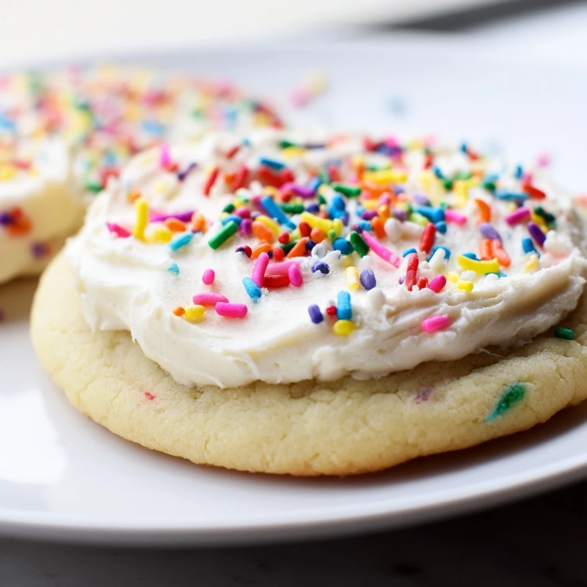 A close-up of Soft Sour Cream Sugar Cookies With Cream Cheese Frosting showing a soft, pillowy texture and thick, luscious frosting swirls.
