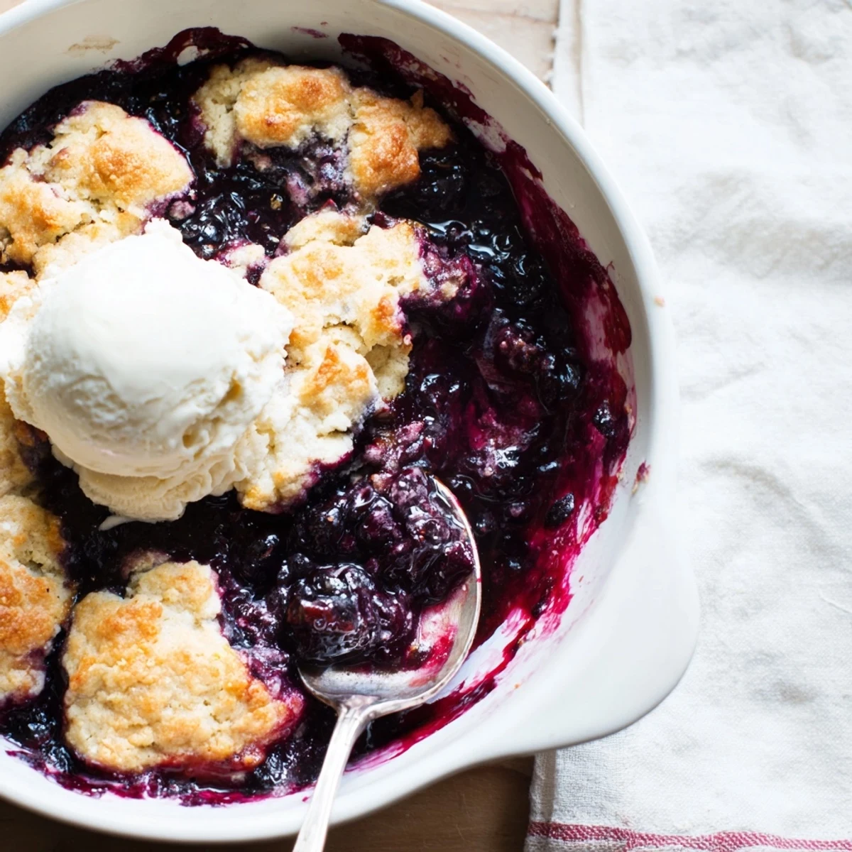 A close-up of moist blueberry cobbler with frozen berries bubbling under a golden biscuit crust, served warm.