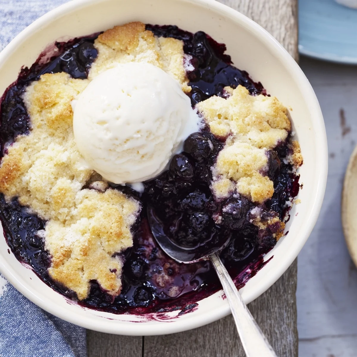 Rustic kitchen scene showing a spoon lifting a serving of moist blueberry cobbler with frozen berries and juicy filling.