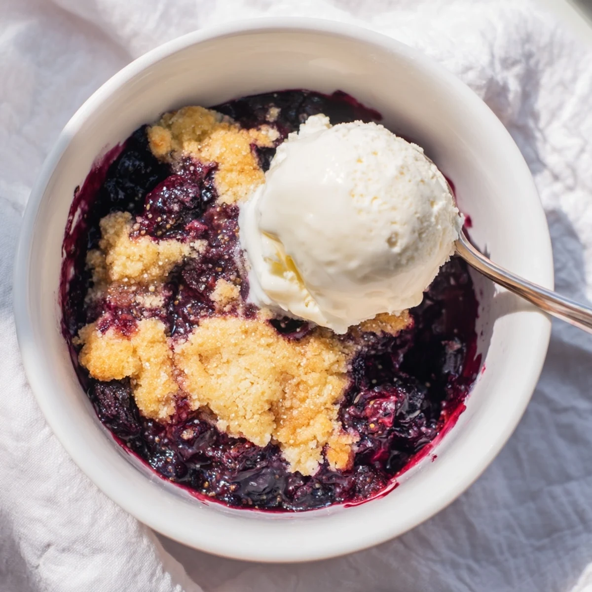 Freshly baked moist blueberry cobbler with frozen berries and a scoop of vanilla ice cream melting on top.