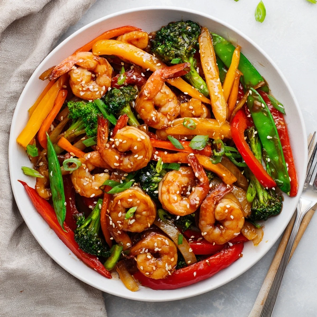 A close-up of Shrimp Stir Fry with pink shrimp and crisp bell peppers glistening in savory sauce.