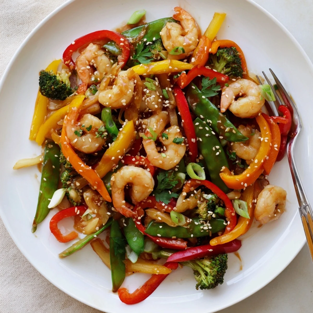 Savory Shrimp Stir Fry served over steamed rice, garnished with green onions and sesame seeds.