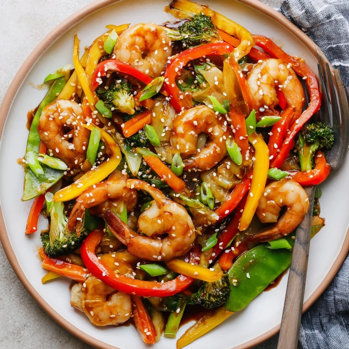 Wok-fried Shrimp Stir Fry features tender shrimp and crunchy vegetables tossed in a glossy Asian-inspired sauce.