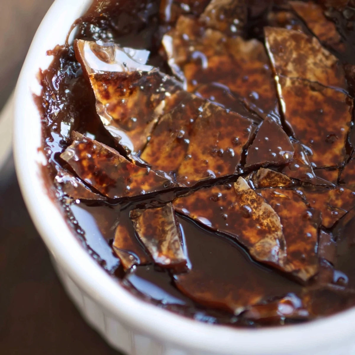 A spoon cracks the caramelized sugar topping on Chocolate Crème Brûlée for Valentines Day, revealing silky chocolate custard beneath.