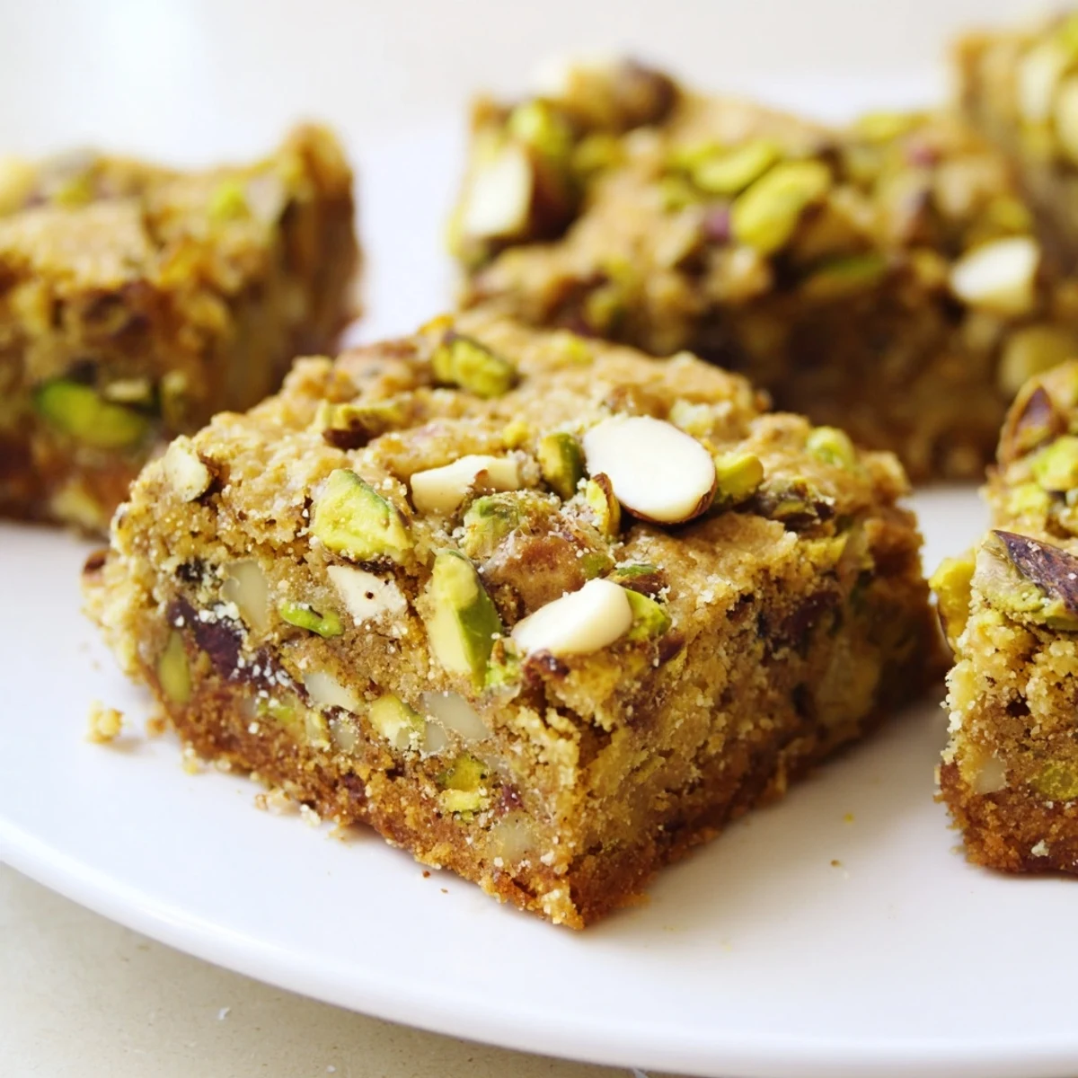 Freshly baked pistachio blondies with golden edges, studded with toasted nuts and melty white chocolate chips on a rustic wooden board.