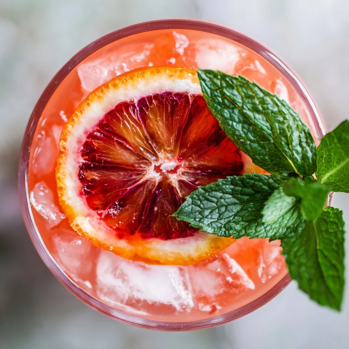 A tall glass of Blood Orange Lemonade filled with ice, garnished with orange slices and fresh mint leaves, ready to serve on a sunny day.