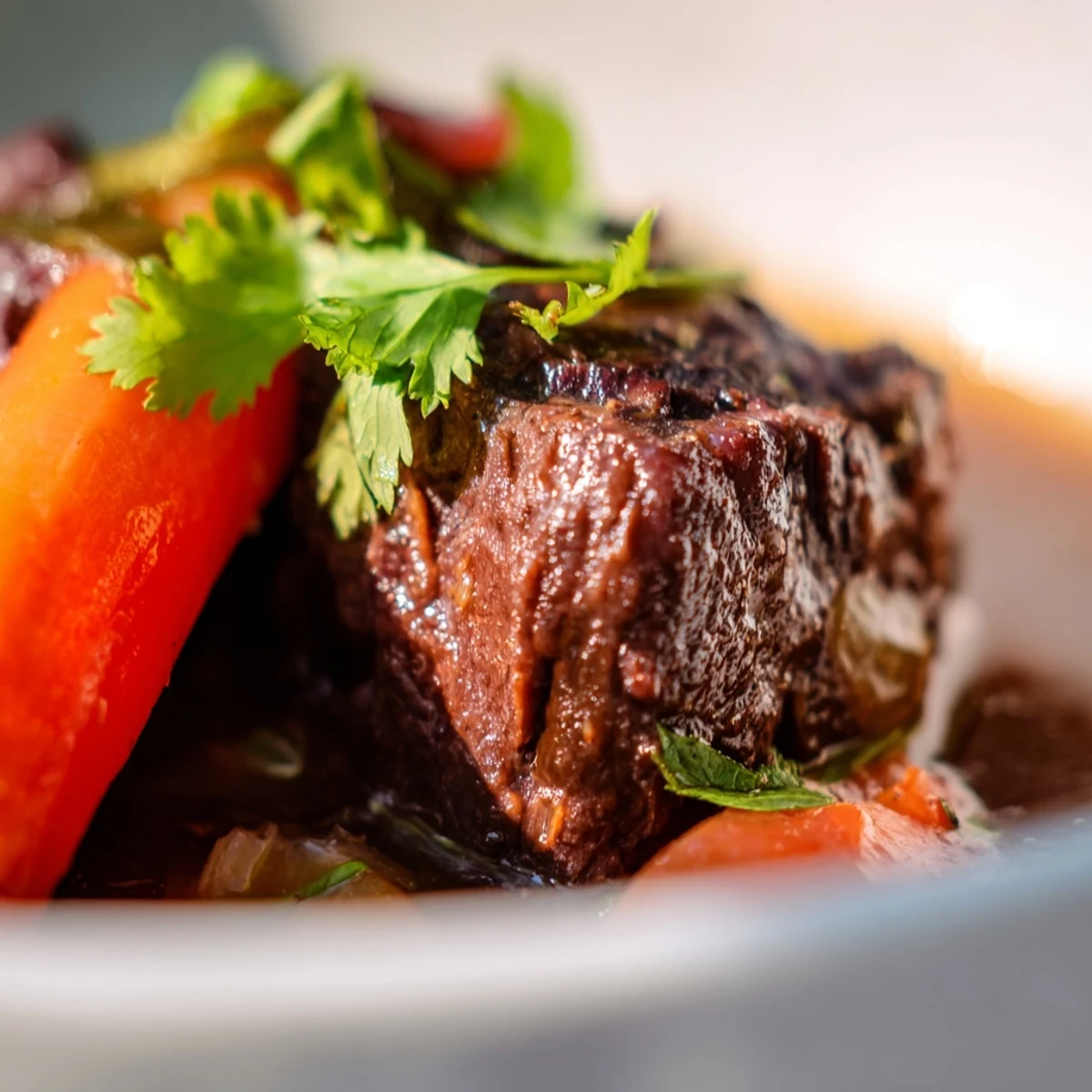 Tender chunks of beef in a rich lemongrass and star anise broth, a fragrant bowl of Bo Kho garnished with fresh cilantro and lime wedges. 