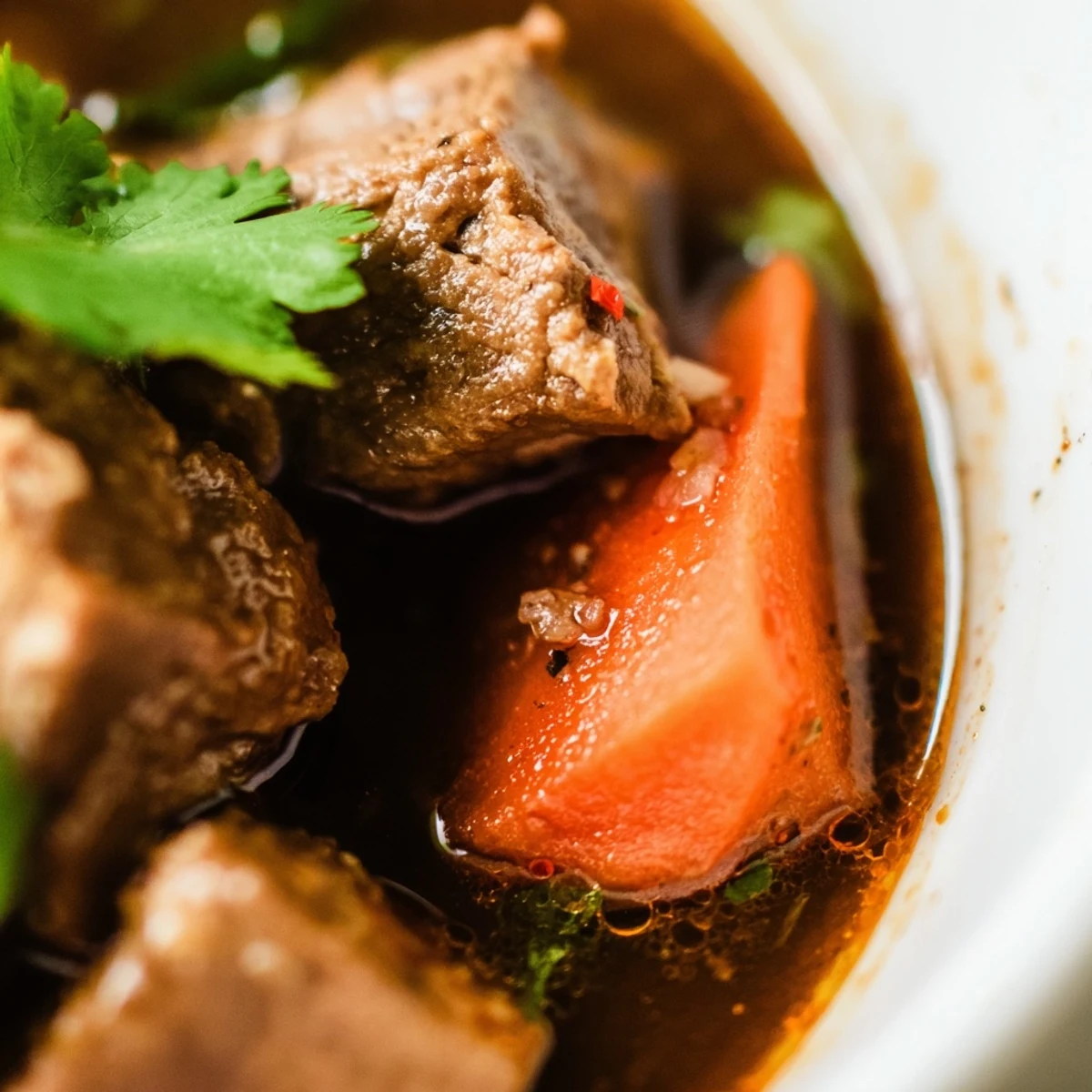 Steaming bowl of Bo Kho, a citrusy and savory beef stew, topped with fresh herbs and enjoyed alongside rice noodles.