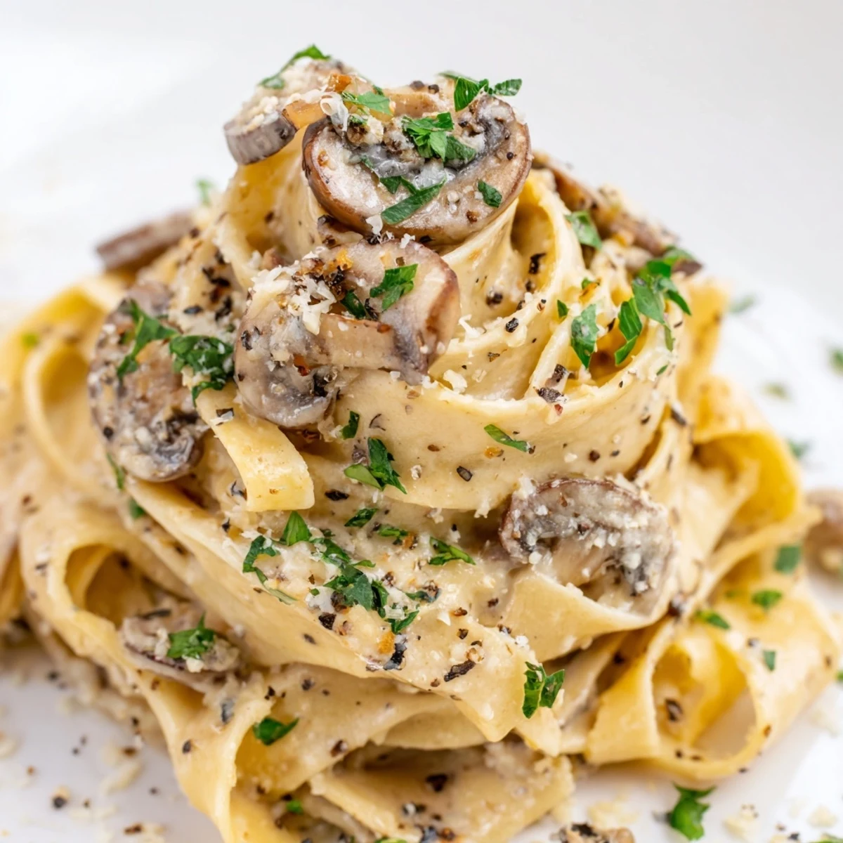 Creamy Truffle Mushroom Pasta with golden sautéed mushrooms on a romantic Valentine’s Day dinner plate.