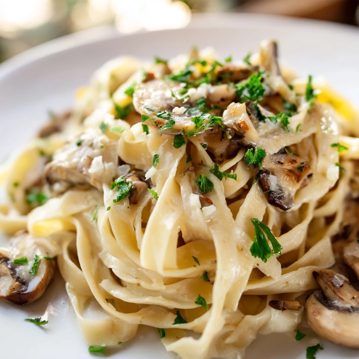 A close-up of Truffle Mushroom Pasta garnished with fresh parsley and shaved black truffle.