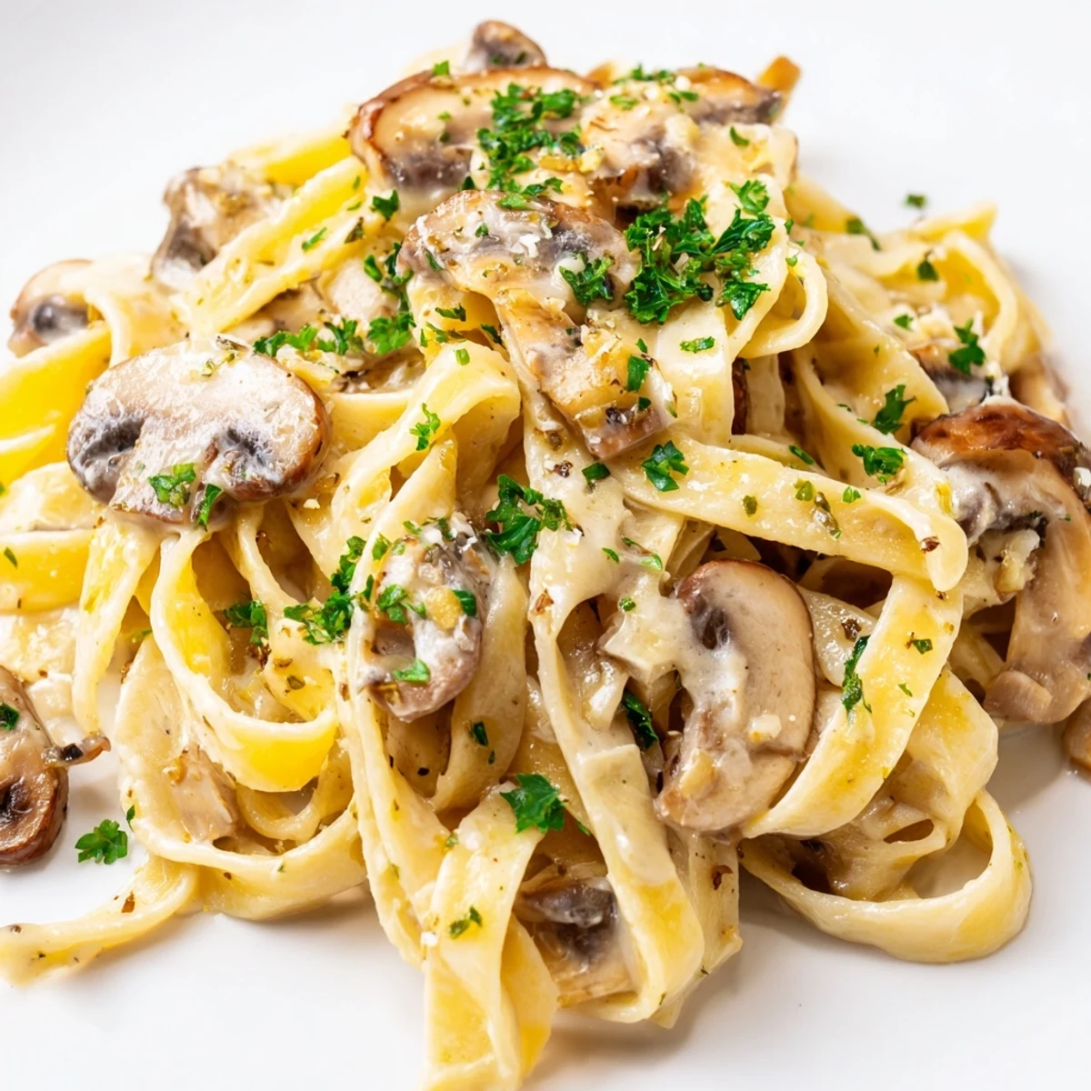 Steaming Truffle Mushroom Pasta in a creamy sauce served with a glass of white wine.