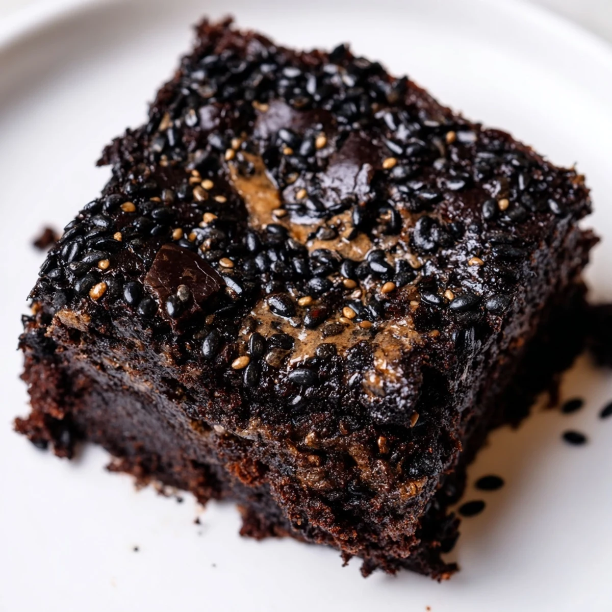 Freshly baked Black Sesame Brownies are served with a scoop of vanilla ice cream on a cozy plate.