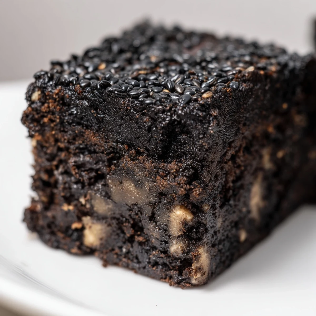 A close-up shows Black Sesame Brownies with a rich crumb and melted dark chocolate chunks, perfect for dessert lovers.