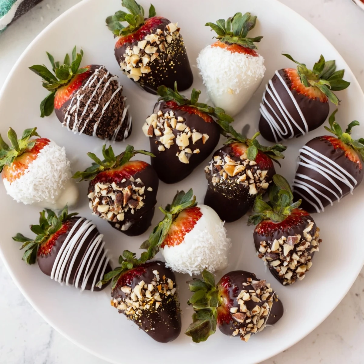Fresh, juicy Chocolate Covered Strawberries for Valentines Day arranged on a dessert platter with a glass of sparkling wine for a romantic occasion.