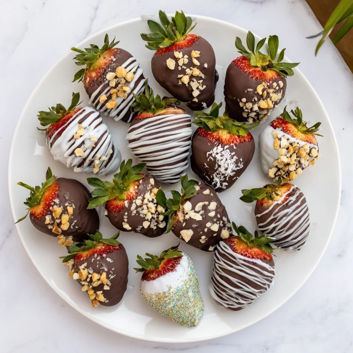 A close up of Chocolate Covered Strawberries for Valentines Day showing glossy chocolate shells, fresh berry texture, and decorative edible sprinkles.
