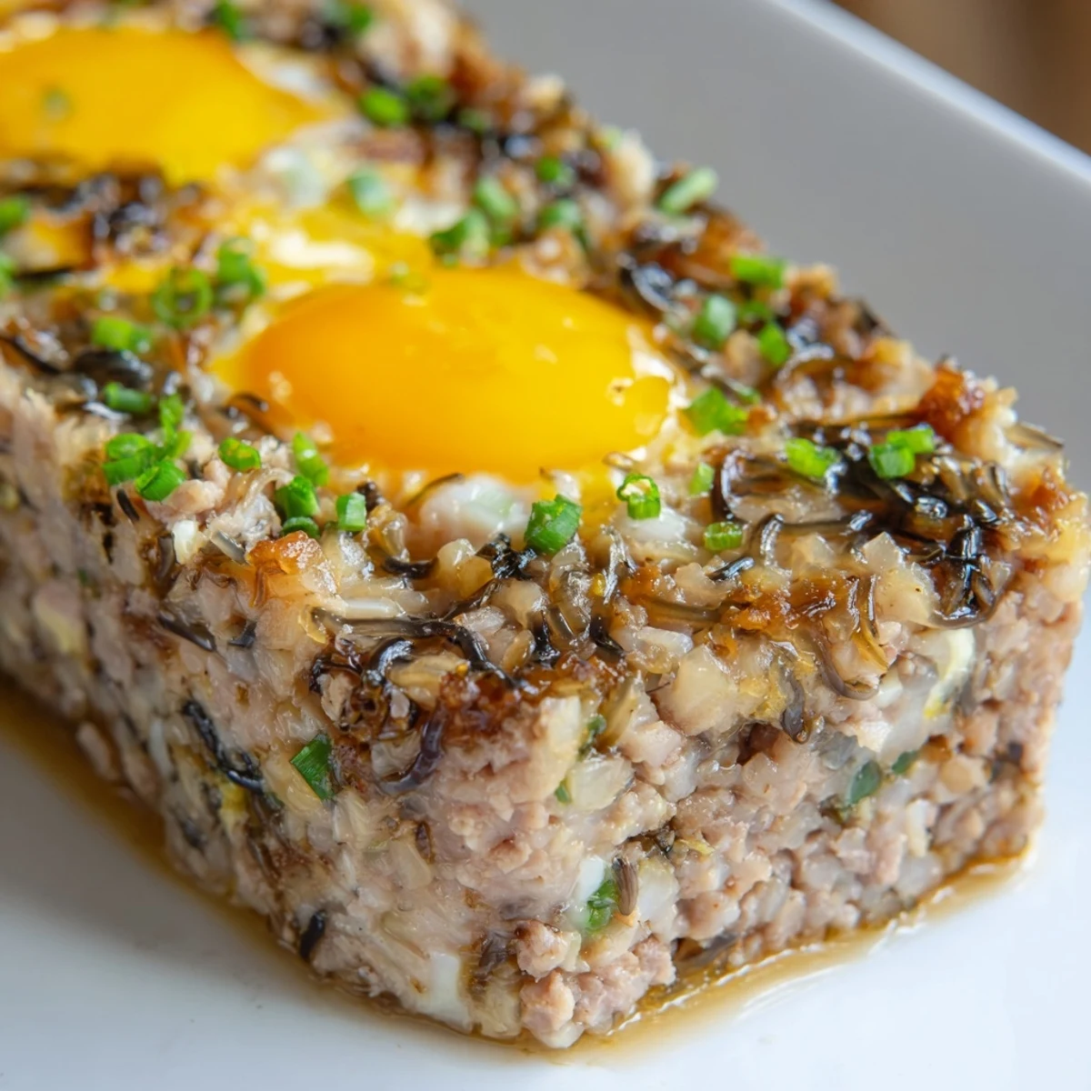 Vietnamese steamed pork and egg meatloaf, sliced to show its soft texture, served with jasmine rice and pickled vegetables.