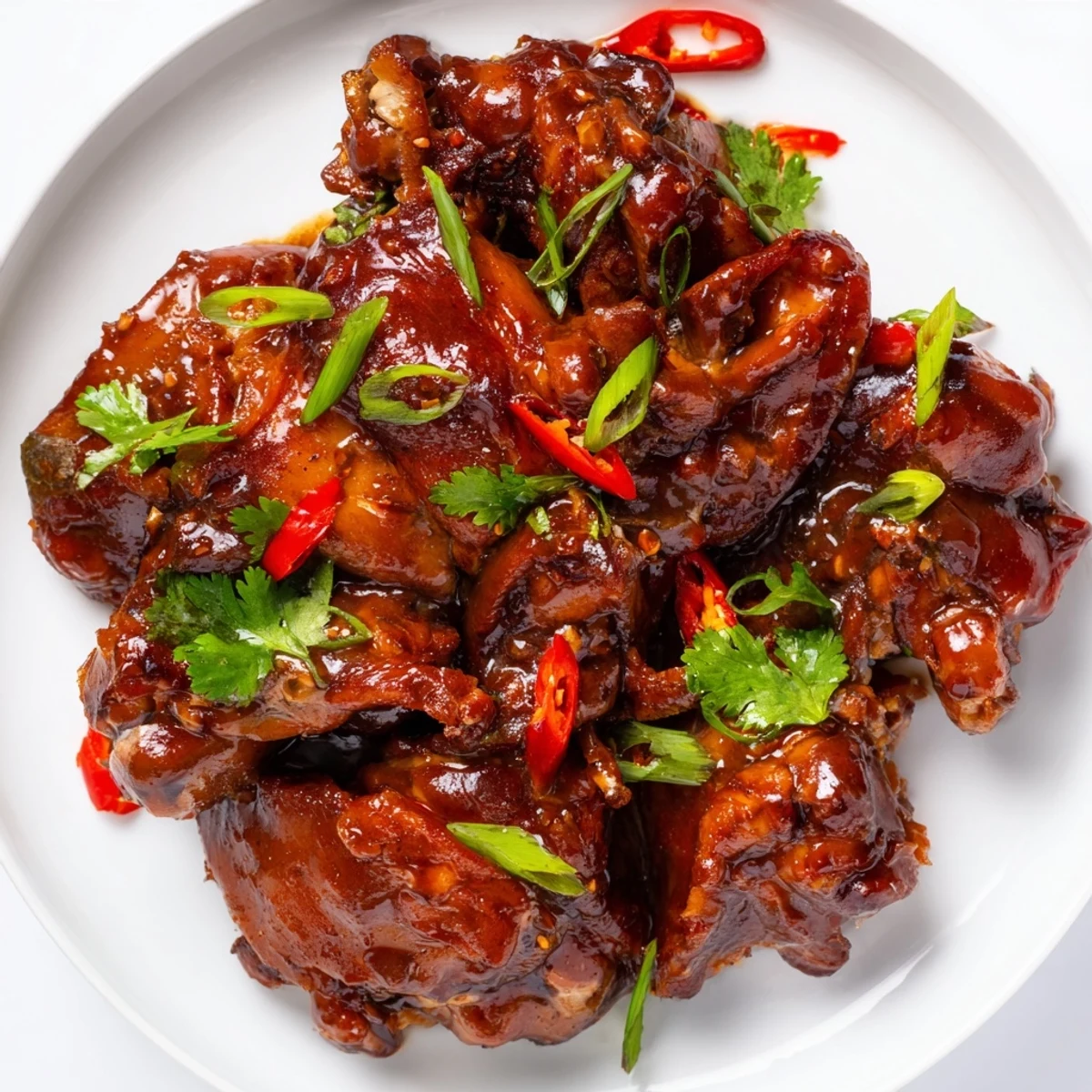 Tender Ga Kho chicken thighs simmered in caramelized sauce, garnished with fresh cilantro and scallions.