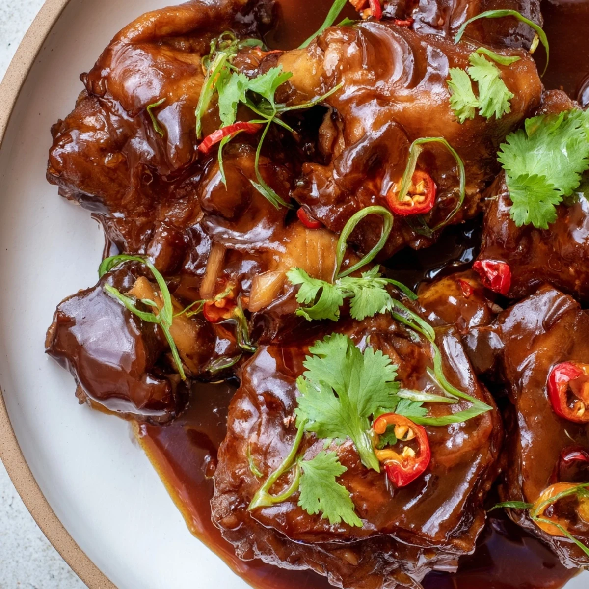 Ga Kho served over fluffy white rice, with glossy sauce coating the richly braised chicken.