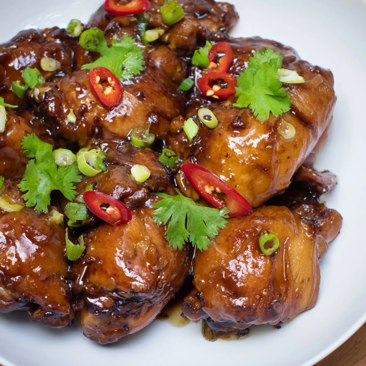 Golden Ga Kho chicken pieces in a savory caramel glaze, ready to enjoy with chopsticks.