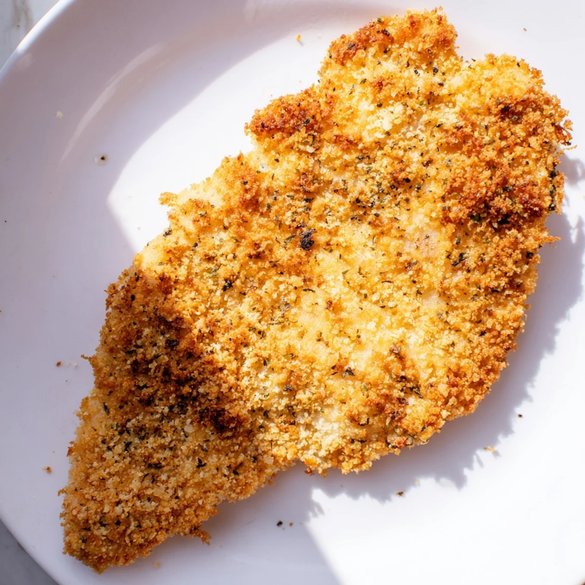 Air Fryer Parmesan Crusted Chicken breasts served on a rustic plate with lemon wedges and fresh parsley, highlighting the golden crust and juicy interior.