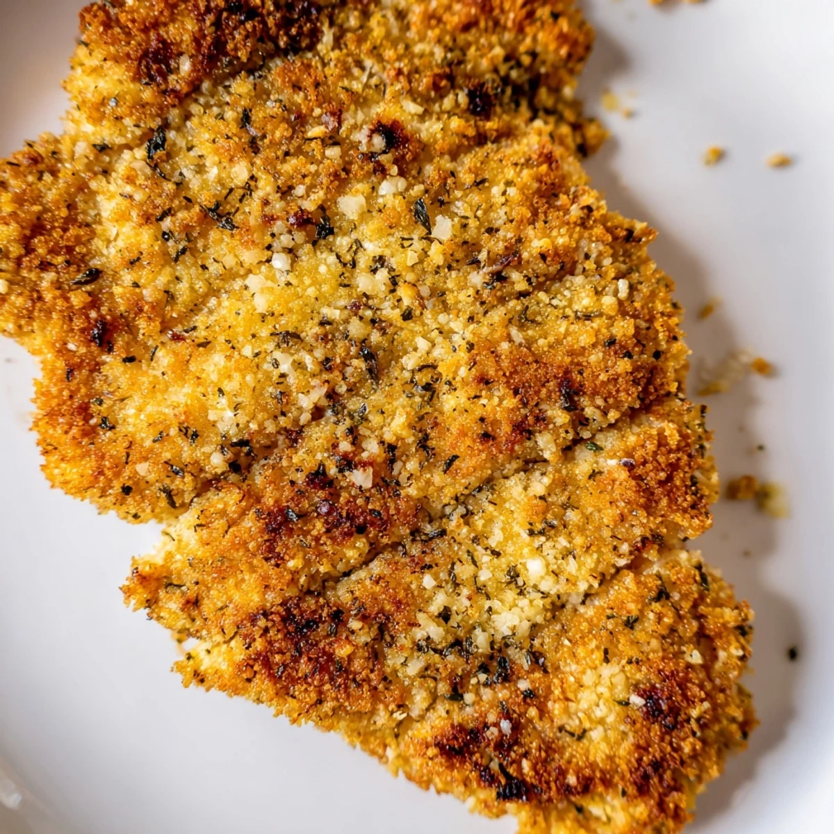 Juicy golden Air Fryer Parmesan Crusted Chicken breast sliced to reveal tender meat, paired with marinara dipping sauce and a simple green salad.