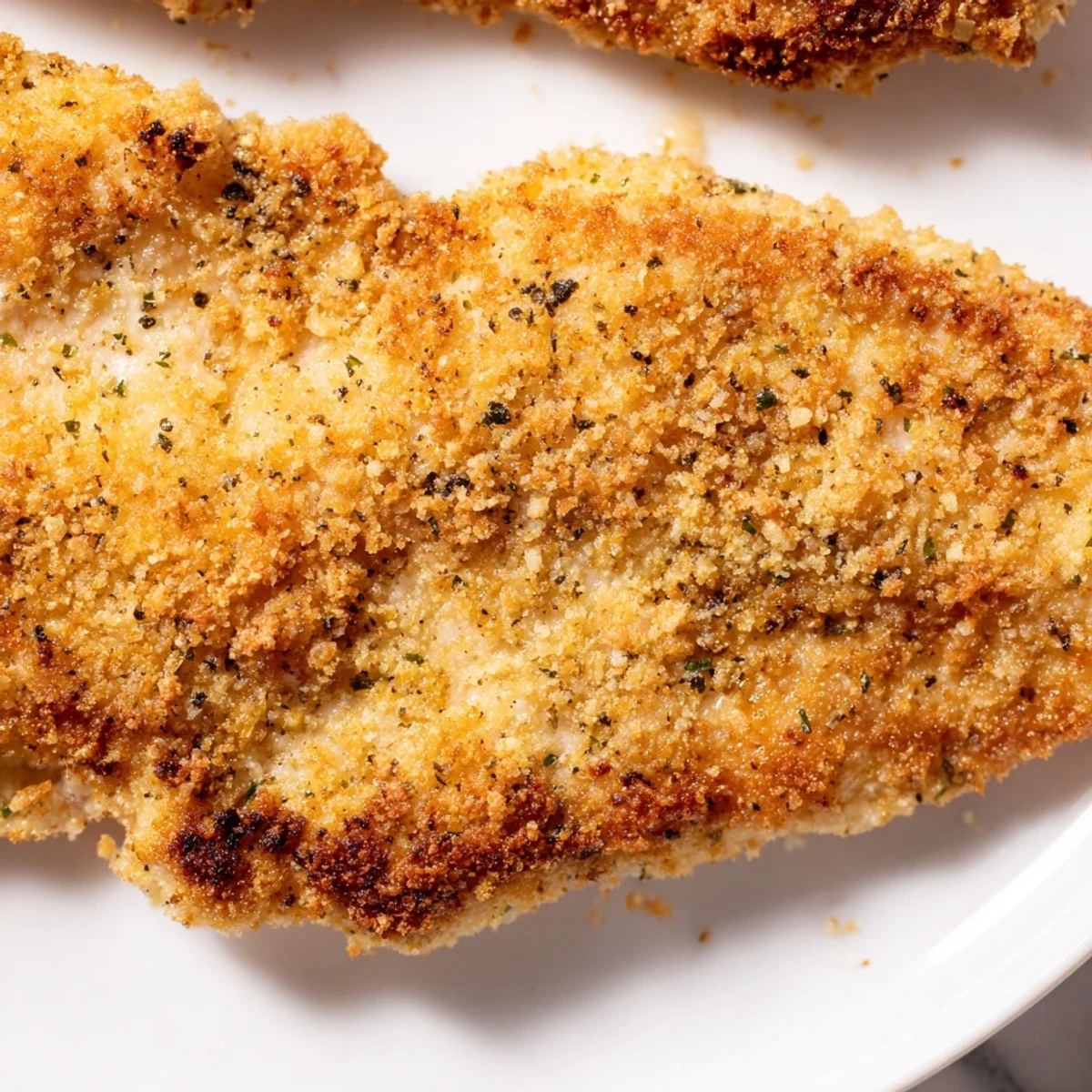 Close-up of crispy Air Fryer Parmesan Crusted Chicken resting on parchment, showing panko and parmesan breading texture with a steamy, appetizing finish.