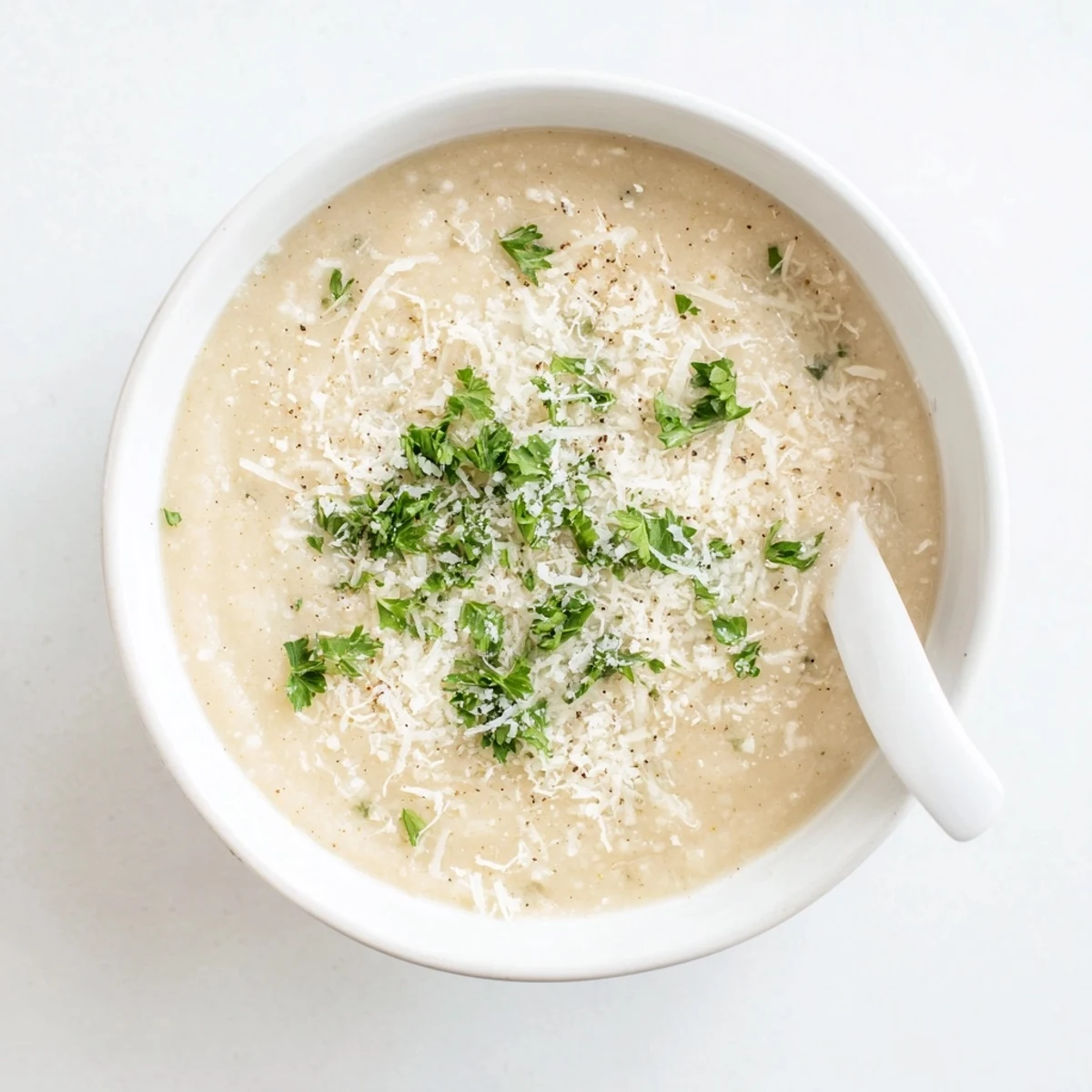 Golden roasted cauliflower florets and garlic bulbs ready for blending into creamy Asiago Roasted Garlic Cauliflower Soup.  
