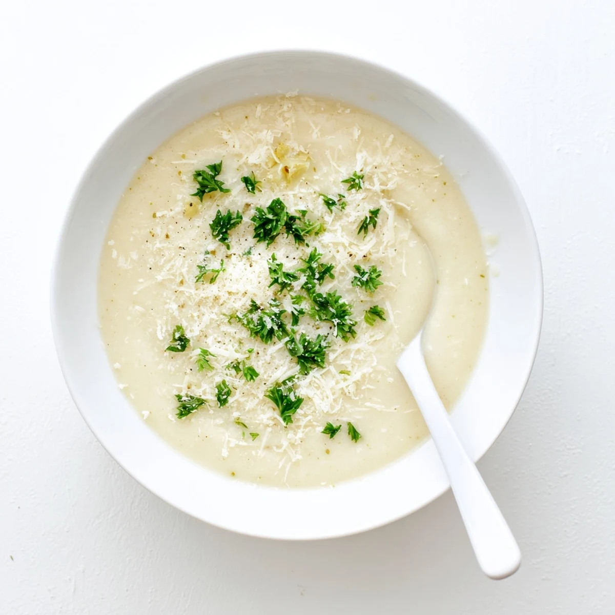 A rustic serving of Asiago Roasted Garlic Cauliflower Soup with crusty bread on a wooden table.