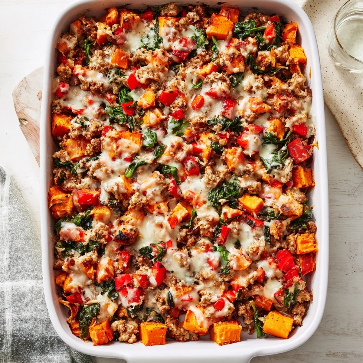 Ground Turkey Sweet Potato bake features savory herbs, wilted spinach, and bubbly cheese in a hearty dish.  
