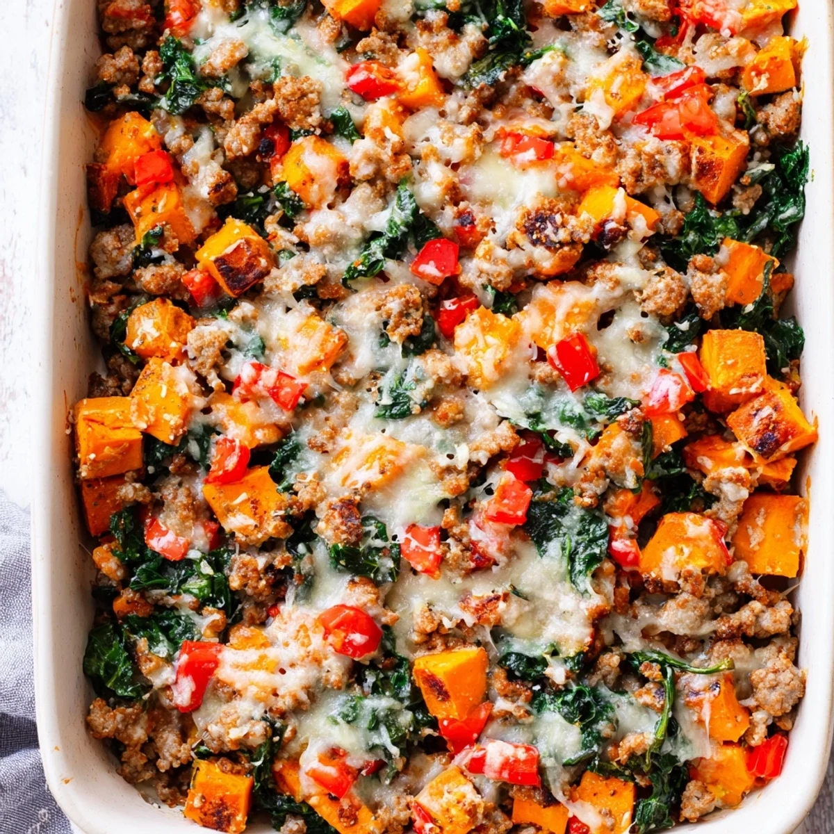 Freshly baked Ground Turkey Sweet Potato casserole with melted mozzarella and Parmesan, golden brown on top.  