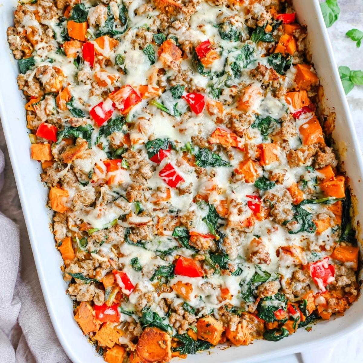 Serving Ground Turkey Sweet Potato casserole hot from the oven with a side salad for a wholesome meal.