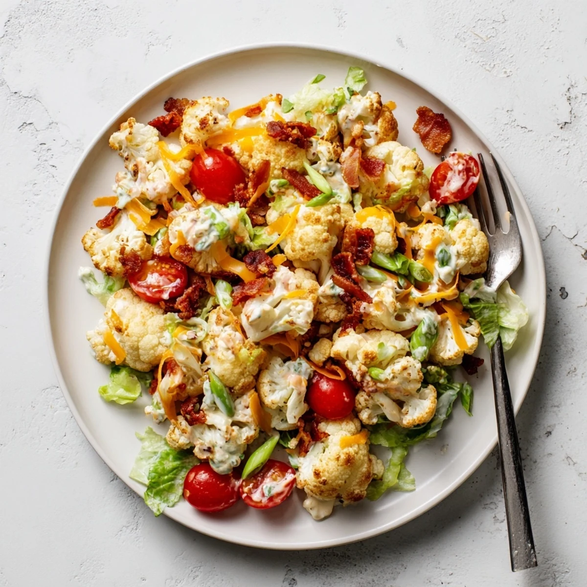 Freshly roasted cauliflower florets glisten in this BLT Cauliflower Salad alongside crispy bacon pieces and halved cherry tomatoes.