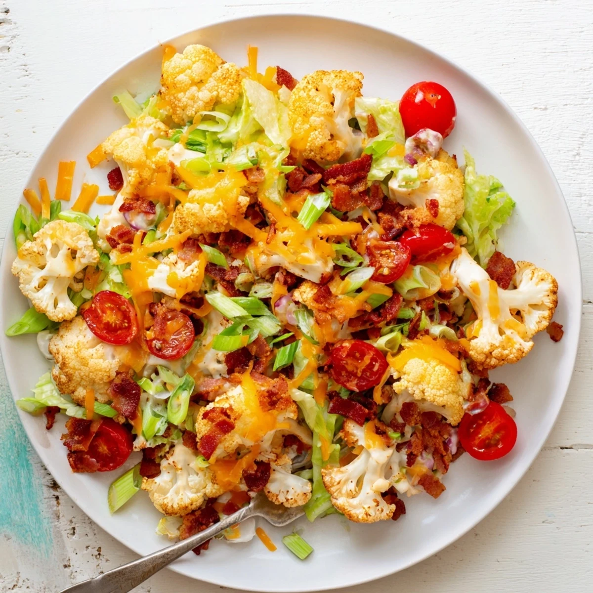 BLT Cauliflower Salad ready for a picnic lunch, featuring tender roasted cauliflower, crumbled bacon, and juicy tomatoes.