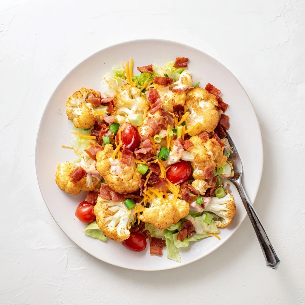 Hearty BLT Cauliflower Salad with creamy dressing, chopped romaine, and smoky paprika served in a rustic white bowl.