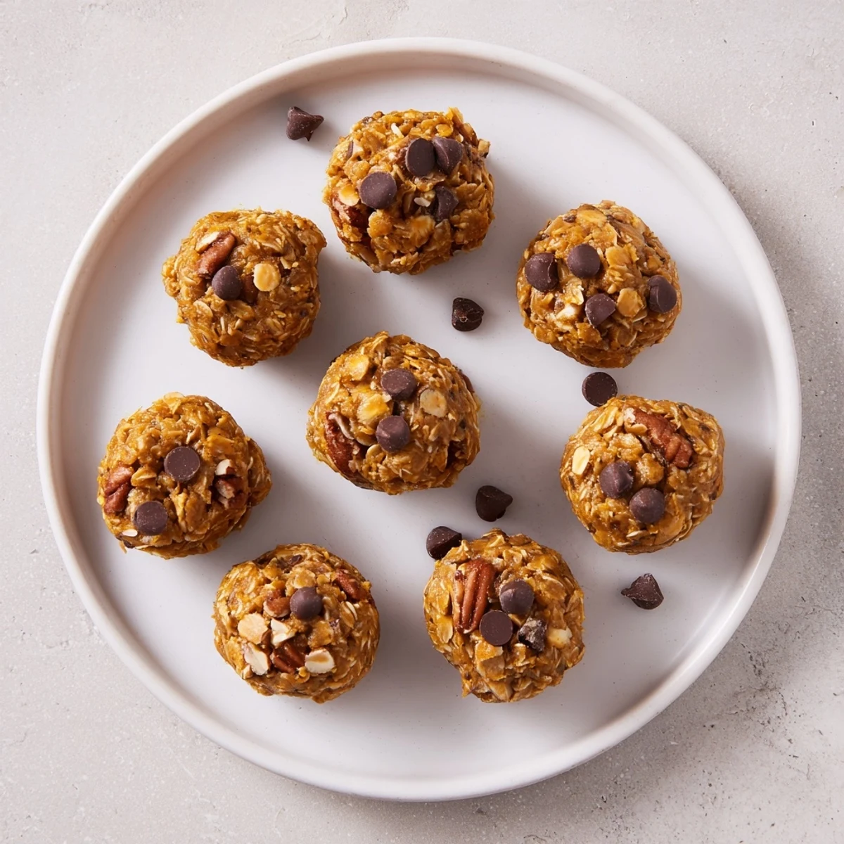 A close-up view of No Bake High Protein Pumpkin Bites reveals rolled oats and chopped pecans mixed into the moist pumpkin mixture.  